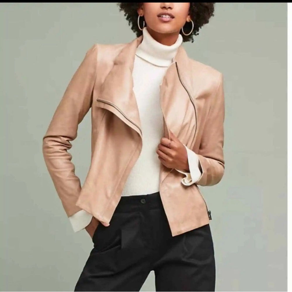 Lamarque Funnel Neck Leather Jacket Tan/Beige Leather size M
